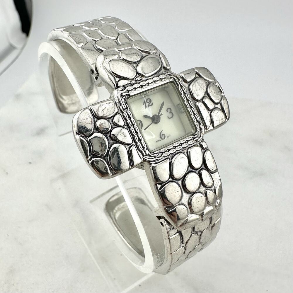 Women’s Silver Pebbled Cross Cuff Watch Mother of Pearl Dial - Has New Battery